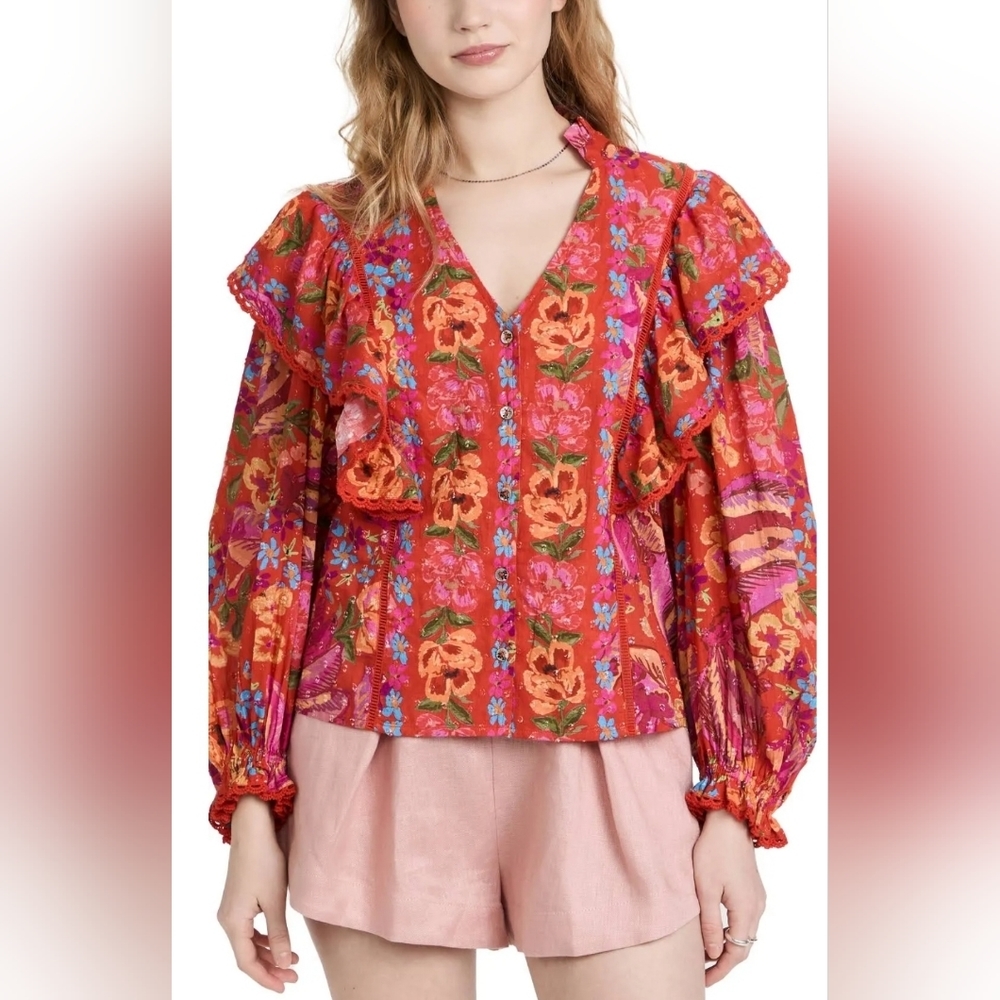 Farm Rio Red Ruffle Sleeve Blouse